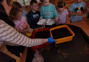 Dzieci uważnie oglądają materiały edukacyjne związane z projektem.