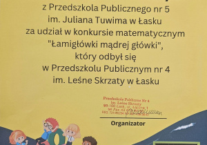 Dyplom dla młodego matematyka Przedszkola Publicznego nr 5 w Łasku
