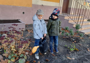 Wojtek obserwuje jak Armin podlewa sadzonki.