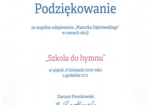 Podziękowanie od Ministra Edukacji Narodowej za wspólne odśpiewanie Mazurka Dąbrowskiego w ramach akcji Szkoła do hymnu