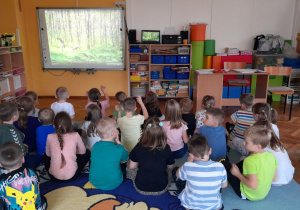 Przedszkolaki oglądają film, prezentujący piękny taniec żurawi.