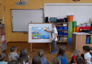 Julek pięknie zaprezentował dzieciom schemat obiegu wody w przyrodzie.