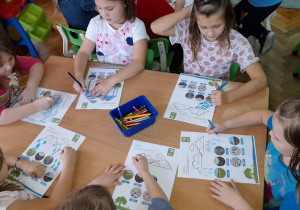 Dzieci rysują na kartkach deszcz tam, gdzie woda wsiąka w ziemię.