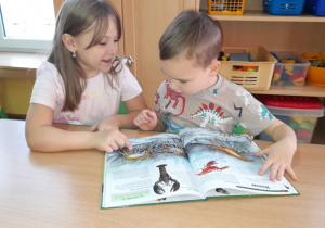 Emilka i Armin z zainteresowaniem oglądają obrazki w książce.