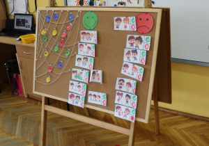 Tablica z pajączkami, pajęczyną oraz obrazkami.