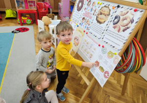 Nataniel wskazuje właściwego pączka na tablicy
