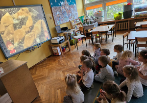 Dzieci z grupy "Biedronek" oglądają film edukacyjny o Tłustym Czwartku