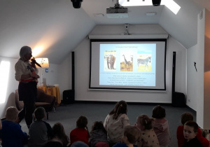 Dzieci oglądają fotografie afrykańskich zwierząt.