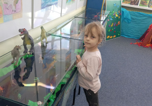Maja ogląda wystawione w gablotach dinozaury.