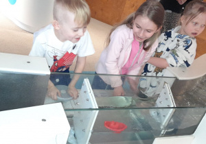 Dzieci sterują przepływem wody, otwierając i zamykając śluzy w interaktywnych kanałach.