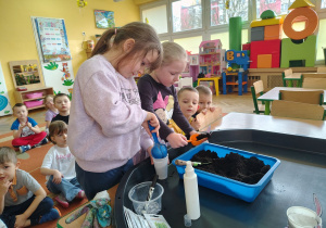 Latika i Pola wsypują ziemie do kubeczków.