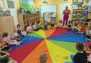 Sześciolatki nazywają emocje pokazywane przez Panią Annę.