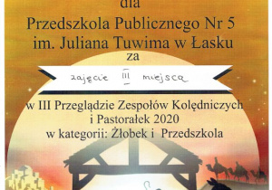 Dyplom dla dzieci za zajęcie III miejsca w III Przeglądzie Zespołów Kolędniczych i Pastorałek 2020.
