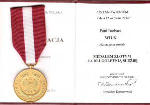 Złoty Medal za długoletnią służbę dla pani Barbary Wilk 12.09.2014r.