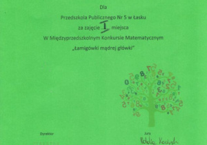 Dyplom dla Przedszkola Publicznego nr 5 w Łasku za zajęcie I miejsca