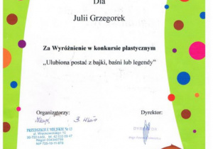 Dyplom wyróżnienie dla Julii Grzegorek
