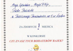 Dyplom dla Mai Cybulskiej, Mai Filip i Piotra Palińskiego za zajęcie I miejsca