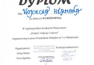 Dyplom dla Wojciecha Hermana za zdobycie wyróżnienia