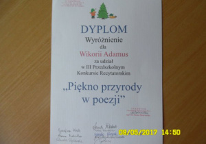 Dyplom dla Wiktorii Adamus za zdobycie wyróżnienia