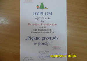 Dyplom dla Krystiana Cichceckiego za zdobycie wyróżnienia
