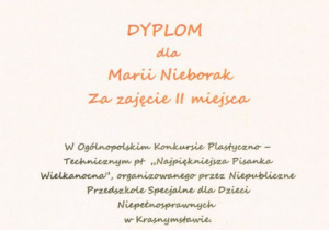 Dyplom dla Marii Nieborak za zdobycie II miejsca.