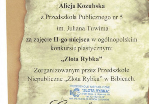 Dyplom dla Alicji Kozubskiej za zajęcie II miejsca.