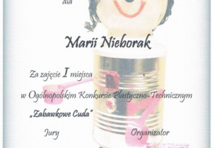 Dyplom dla Marii Nieborak za zdobycie I miejsca.