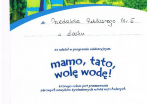 Dyplom dla Przedszkola Publicznego nr 5 w Łasku za udział w projekcie edukacyjnym