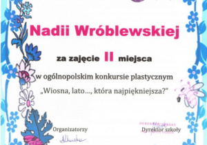 Dyplom dla Nadii Wróblewskiej za zajęcie II miejsca.