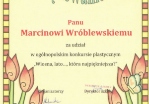 Dyplom podziękowanie za udział dla Pana Marcina Wróblewskiego
