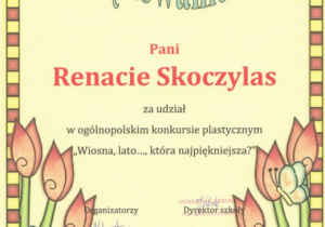 Dyplom podziękowanie za udział dla Pani Renaty Skoczylas.