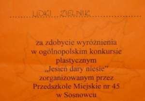 Dyplom dla Lidki Zielnik za zdobycie wyróżnienia.