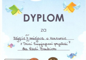 Dyplom dla Nikoli Bandzierz za zajęcie II miejsca.