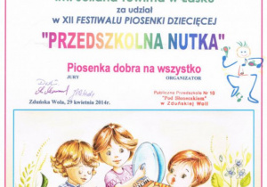 Dyplom dla Przedszkola Publicznego nr 5 w Łasku za udział w XII Festiwalu Piosenki Dziecięcej "Przedszkolna nutka".