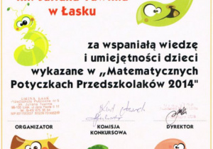 Dyplom dla Przedszkola Publicznego nr 5 w Łasku za wspaniałą wiedzę i umiejętności dzieci wykazane w "Matematycznych Potyczkach Przedszkolaków 2014".