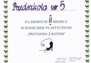 Dyplom dla Przedszkola Publicznego nr 5 w Łasku za zdobycie II miejsca w konkursie plastycznym "Przygoda z kotem".