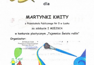 Dyplom dla Martynki Kmity za zdobycie I miejsca.
