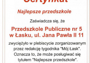 Certyfikat najlepsze przedszkole dla Przedszkola Publicznego nr 5 w Łasku