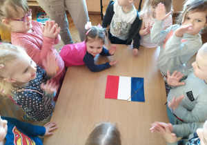 Żabki układają flagę Francji.