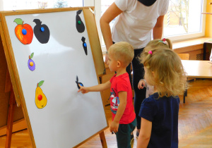 Dzieci z Biedronek biorą udział w konkursie - "Dopasuj cień do owocu". Szymon dopasowuje śliwkę.