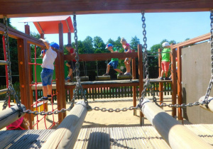 Dzieci bawią się na placu zabaw na terenie parku.
