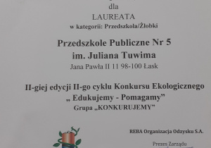 zdjęcie dyplomu dla Przedszkola Publicznego nr 5 w Łasku