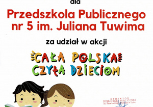 Dyplom z podziękowaniem za udział w akcji "Cała Polska czyta dzieciom".