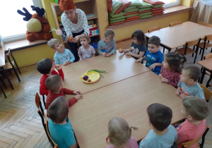 Pani Agnieszka podaje dzieciom cebulę, każdy ogląda.
