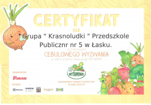 Certyfikat dla Przedszkola Publicznego nr 5 w Łasku
