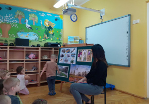 Pani Abraszewska wraz z dziećmi obserwuje jak Oliwier pokazuje krokusy na tablicy.