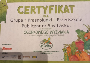 Dyplom - certyfikat dla grupy Krasnoludki