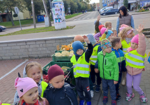 Dzieci stoją przy skrzynkach z warzywami i odgadują ich nazwy.