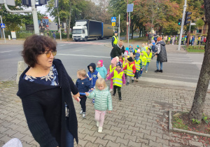 „Słoneczka” z panią Renią przechodzą na zielonym świetle.