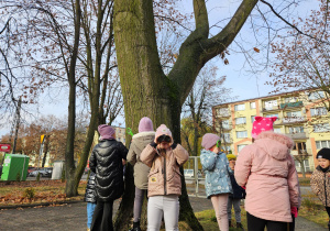 Dzieci przez lornetki i lupy oglądają korę drzewa i liście.